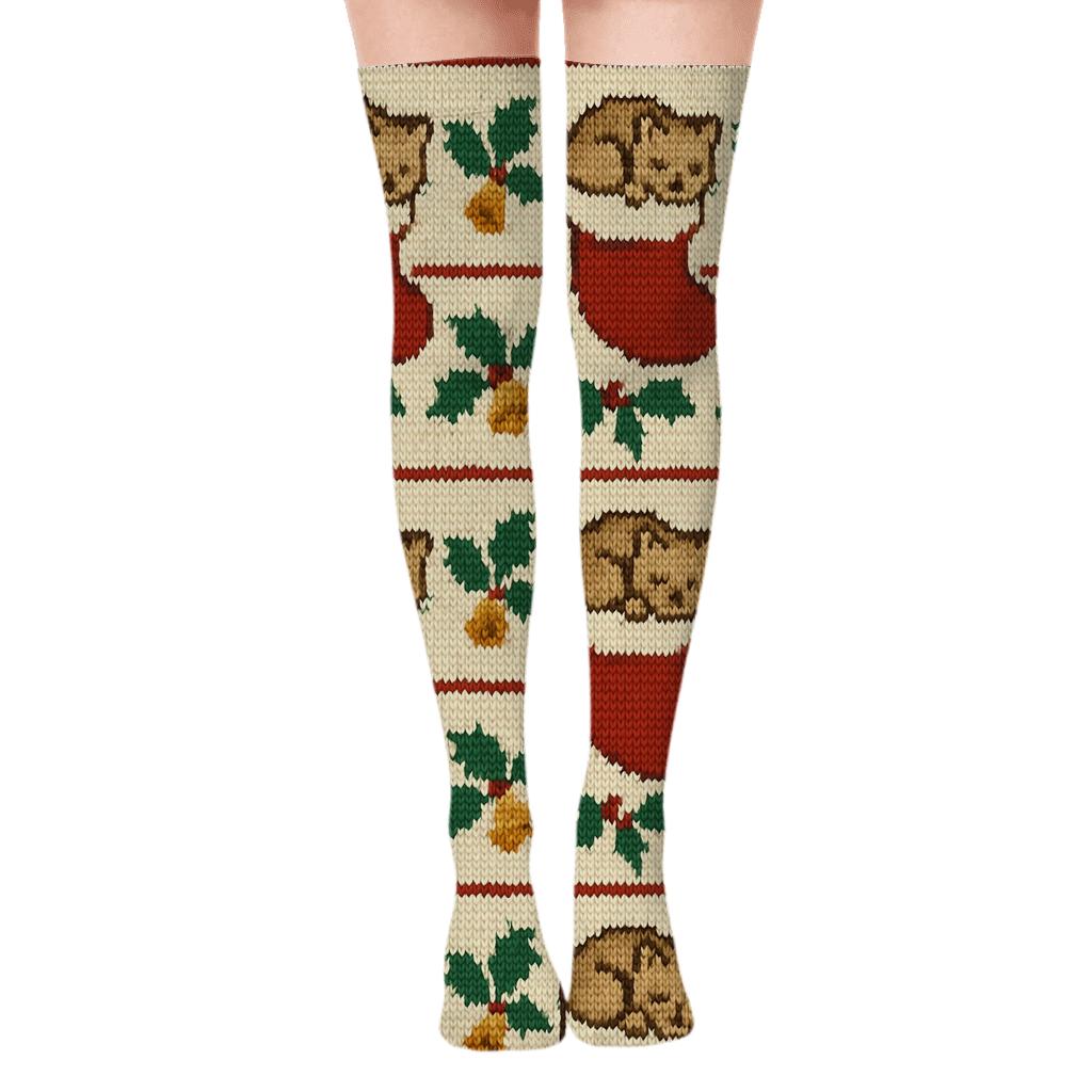 Cozy Knitted Christmas Kittens Stripe stylish fashion over-the-knee socks
