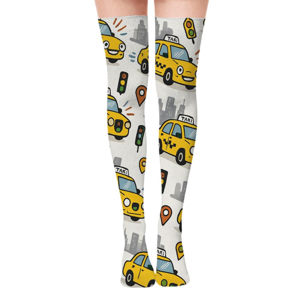 Skyline Parade With Rideshare Driver Taxis designer print over-the-knee socks
