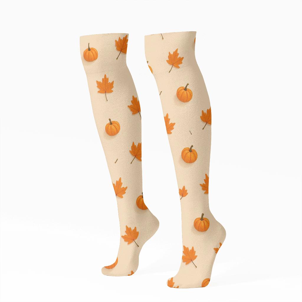 Falling Autumn Leaves And Pumpkins Scatter On Neutral Background custom knee-high socks