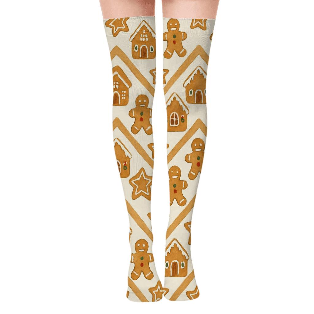 Gingerbread Village Christmas Chevron trendy patterned over-the-knee socks