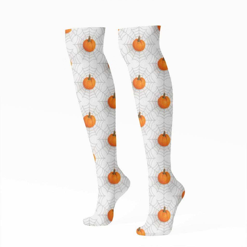 Spider Web Rings And Pumpkin Centers On White Background stylish athletic knee-high socks