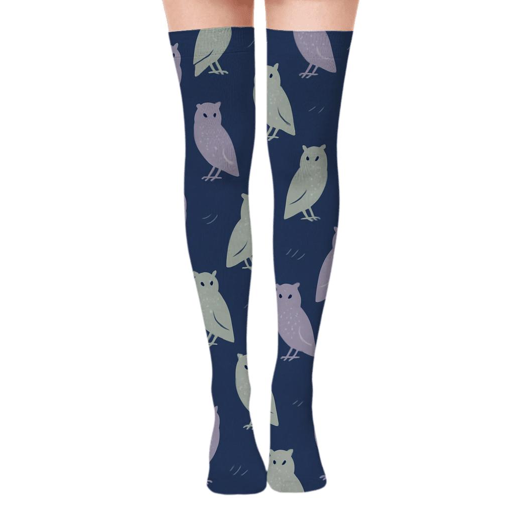Nebula Owl Silhouette Constellation On Indigo Blue premium cozy over-the-knee socks