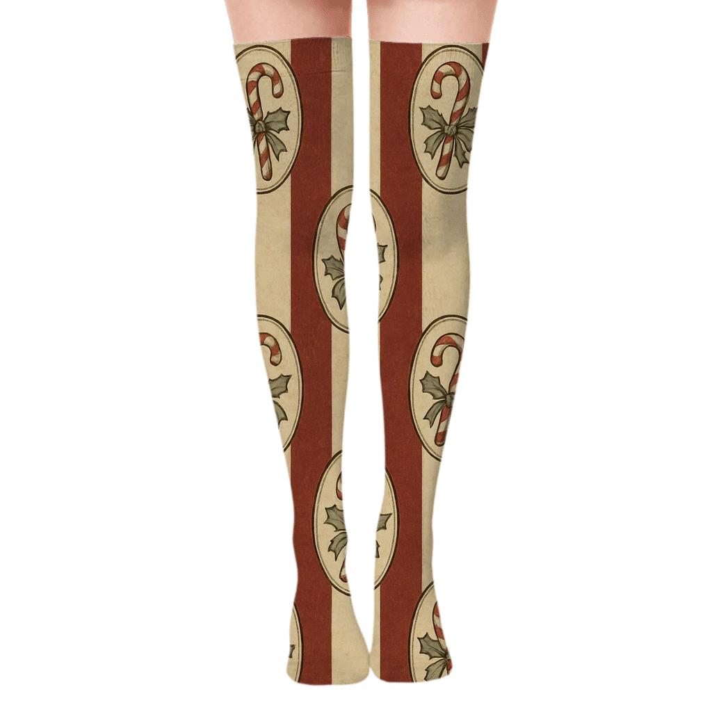 Vintage Parade Stripe With Candy Canes Cameos designer print over-the-knee socks