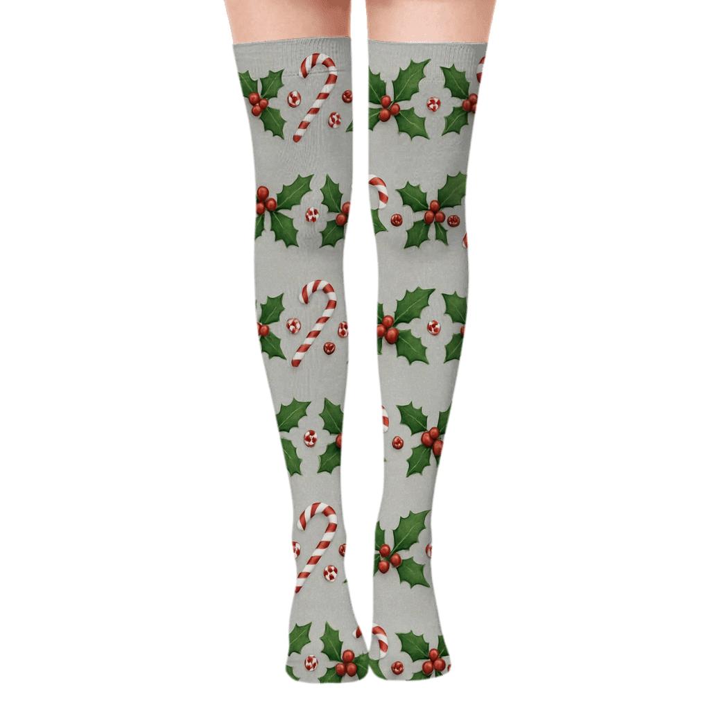 Candy Canes Garland Border On Frosted Ground premium cozy over-the-knee socks