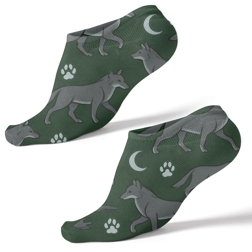 Gray Wolf Moonlit Paw Trail Pattern unique graphic ankle socks