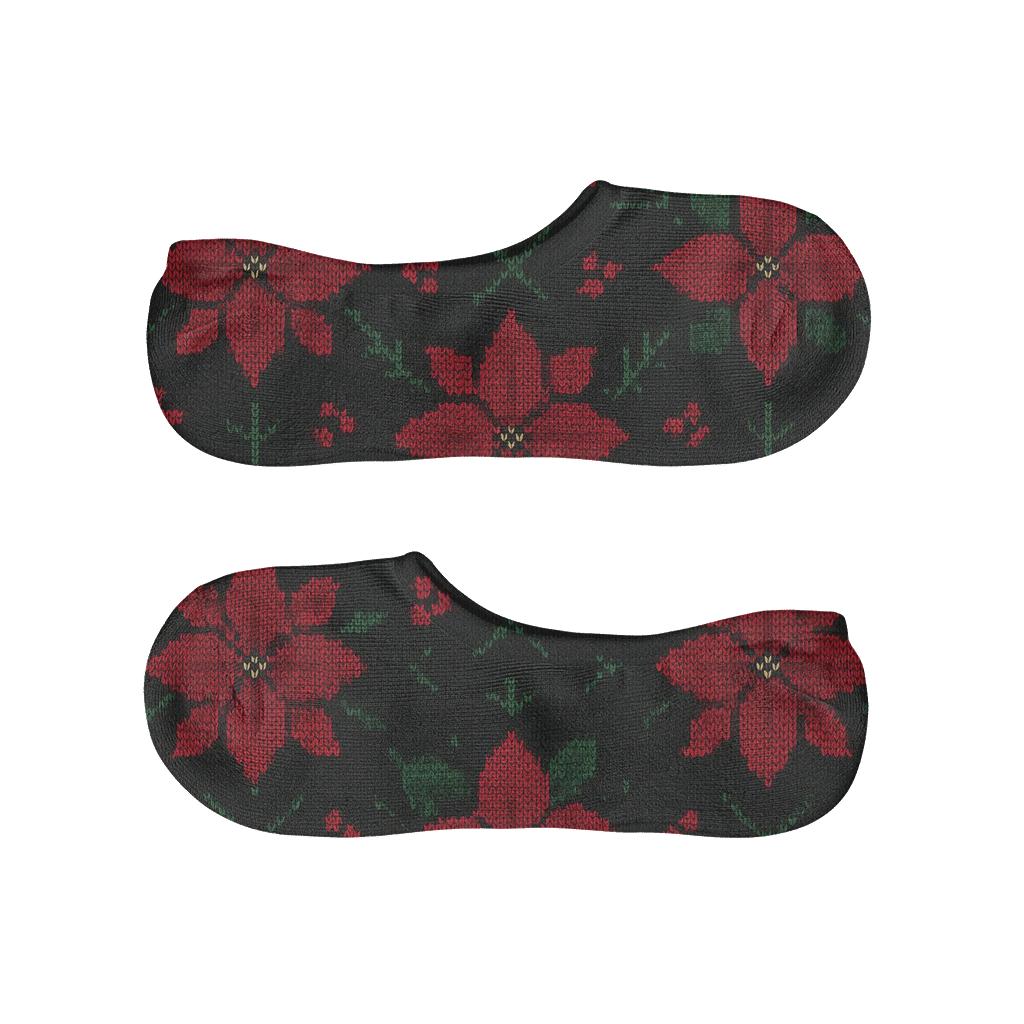 Knitted Poinsettia Star Bract Lattice On Black anti-slip no-show socks