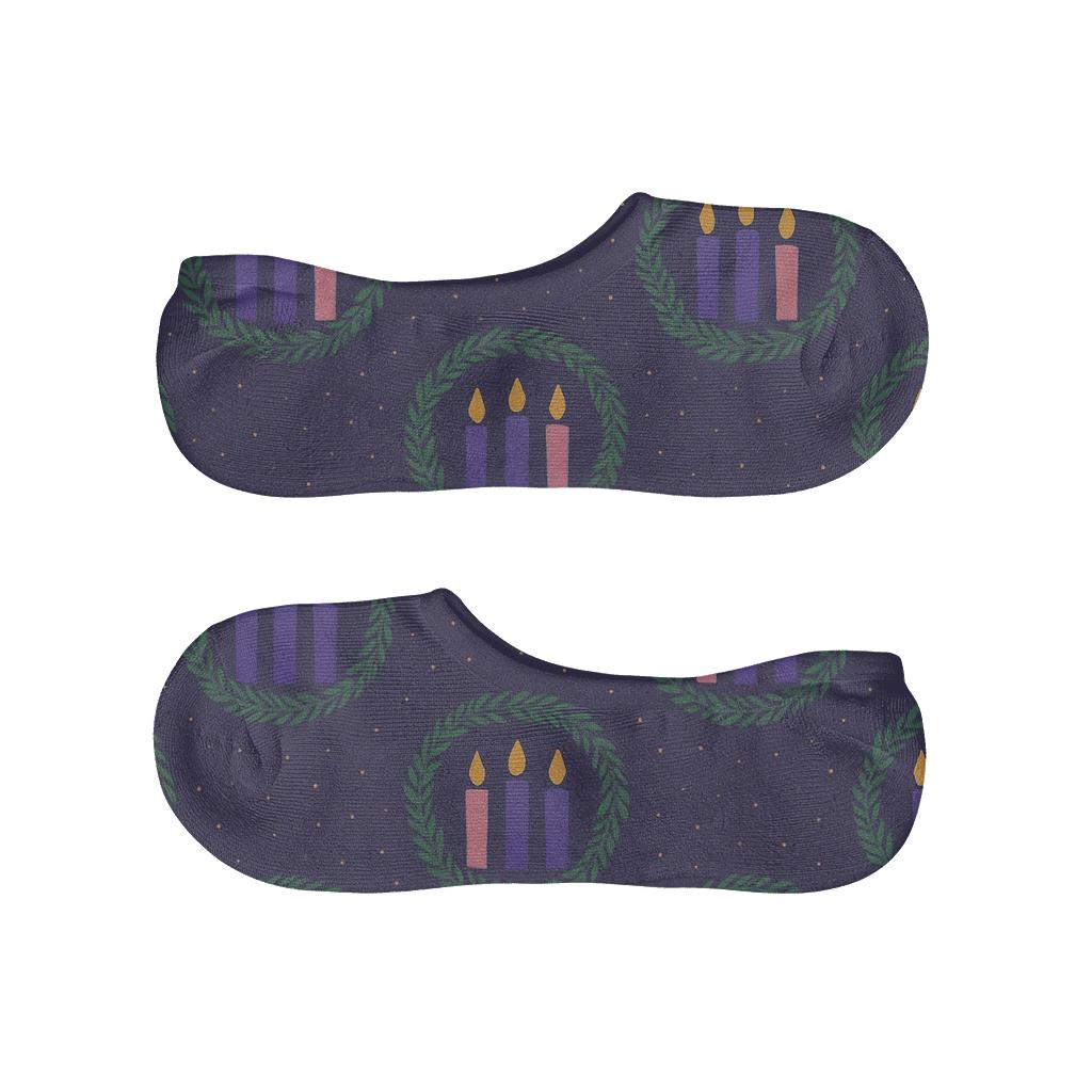 Advent Wreath Starry Evergreen Medallion Grid designer print no-show socks