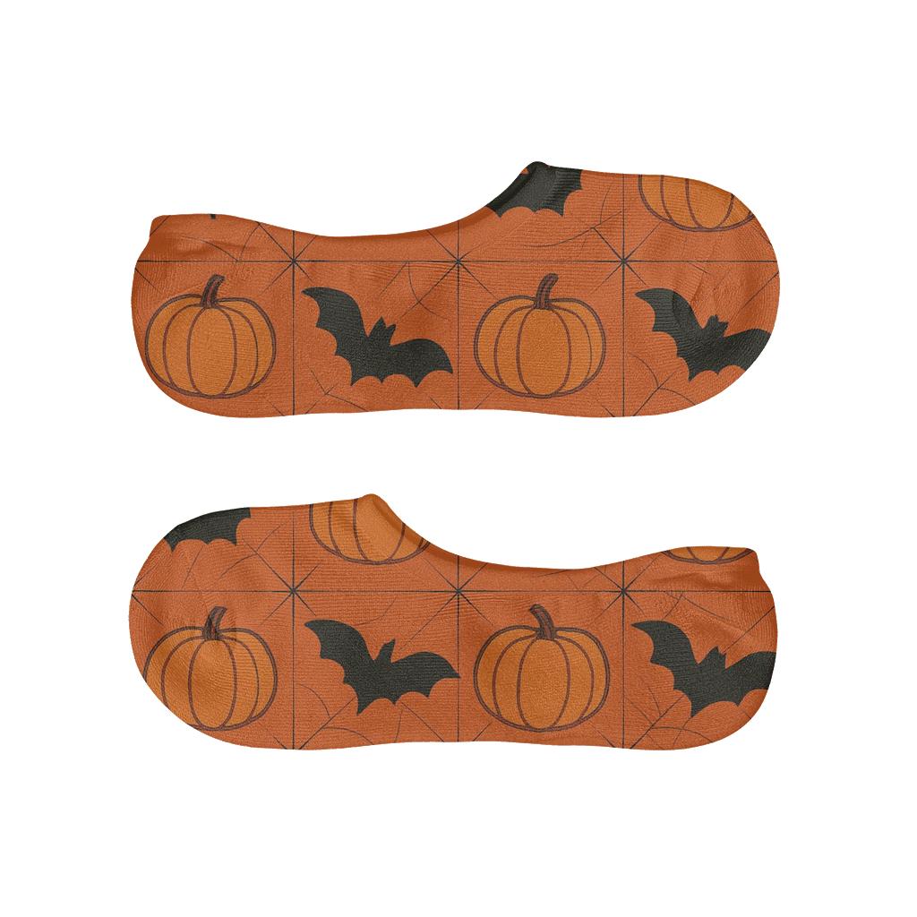 Pumpkin And Bat Checkerboard On Orange Background anti-slip no-show socks