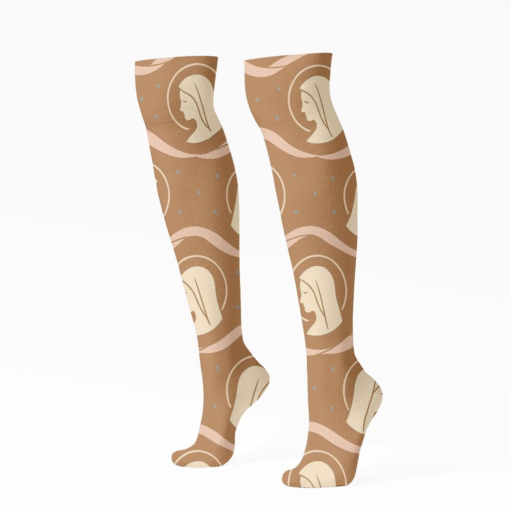 Ribbon Garland Pattern With Mary Silhouettes designer print knee-high socks