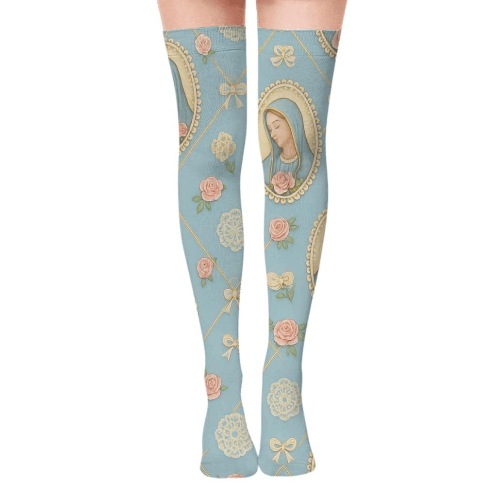Mary Pastoral Cameo Lattice On Sky Blue personalized over-the-knee socks