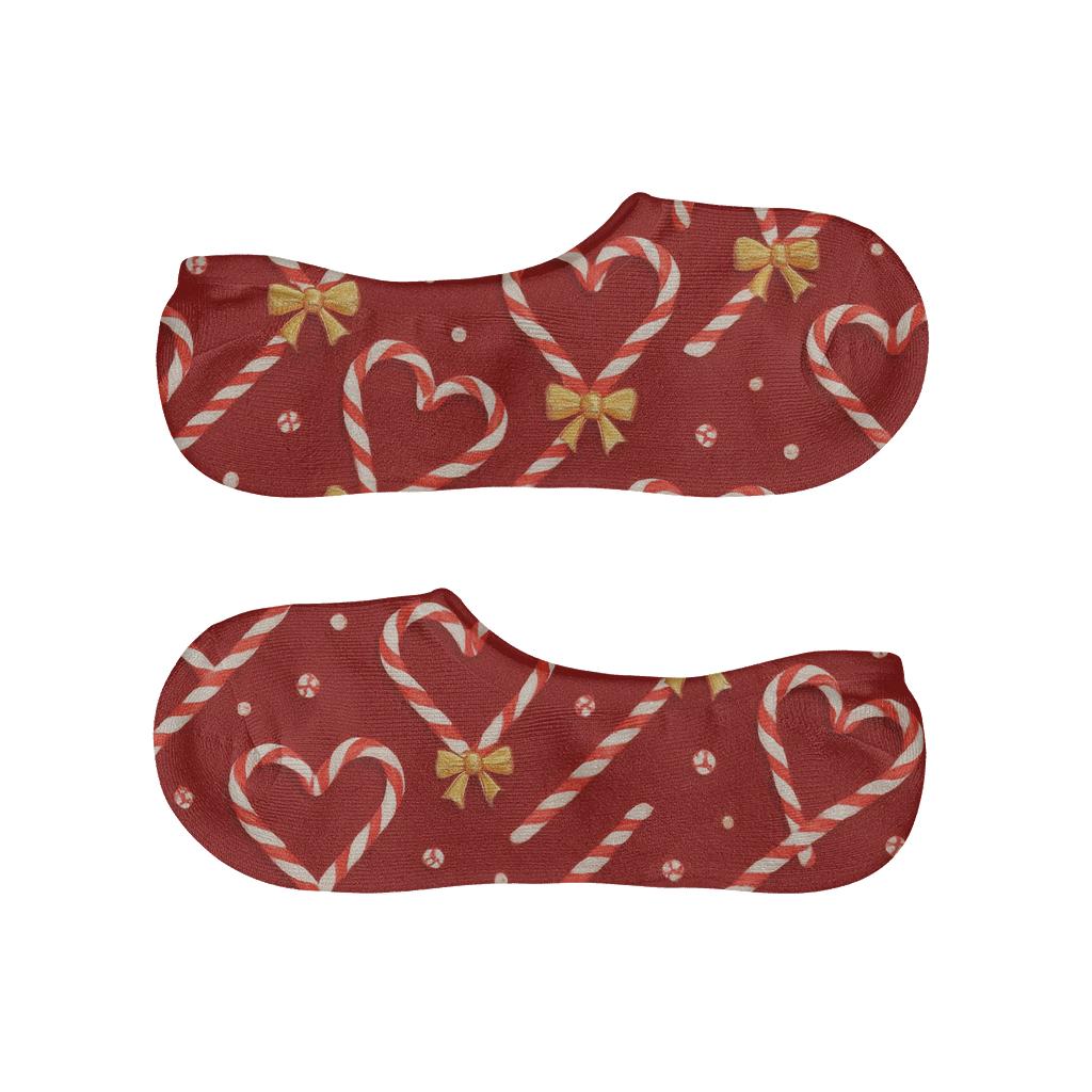 Heart Linked Candy Canes Chain On Deep Red anti-slip no-show socks