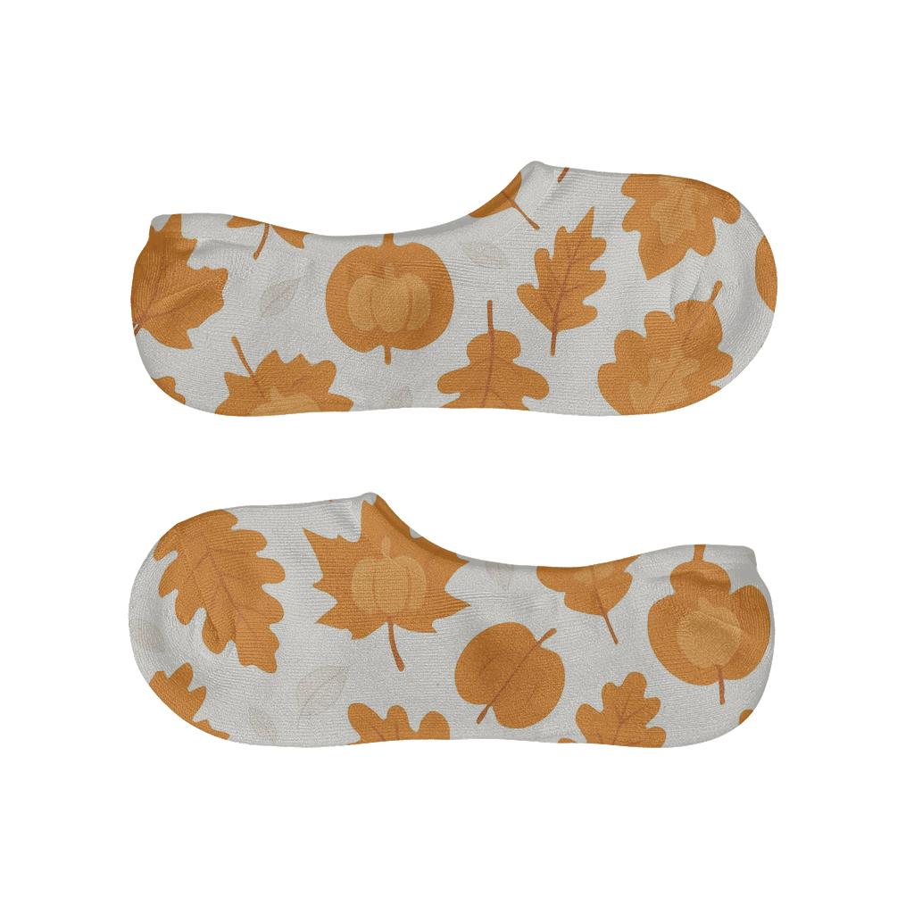 Falling Autumn Pumpkin Leaves On White Background designer printed no-show socks