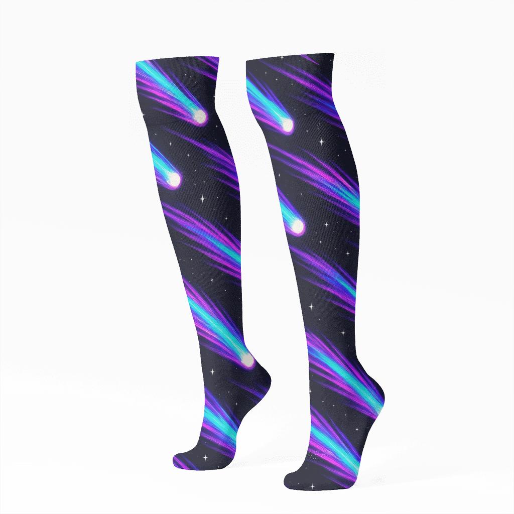 Iridescent Ion Trail Comet Bands On Void Black designer print knee-high socks
