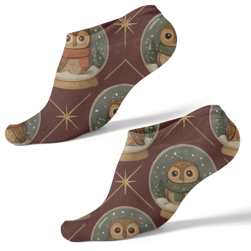 Owl Snow Globe Lattice On Deep Burgundy trendy patterned ankle socks