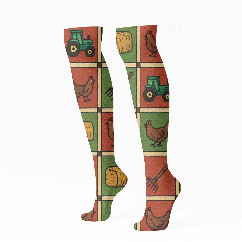 Farmer Patchwork Harvest Grid trendy patterned knee-high socks