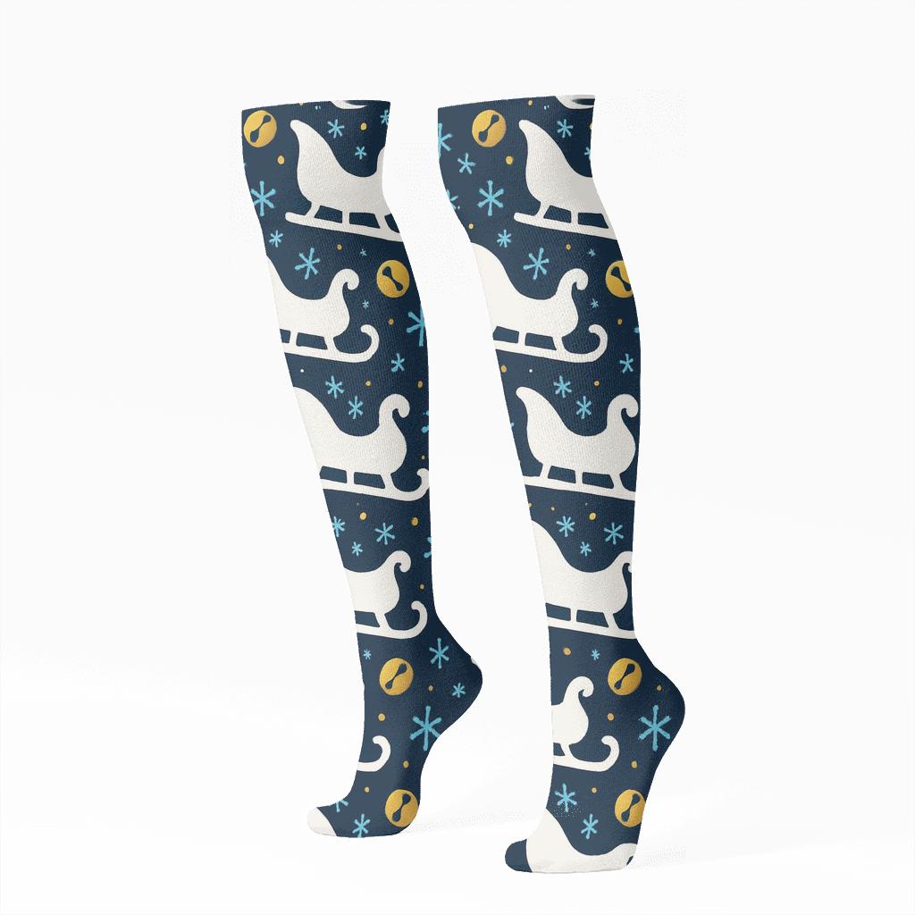 Sleigh Silhouette Snowfall Grid On Midnight Blue stylish athletic knee-high socks