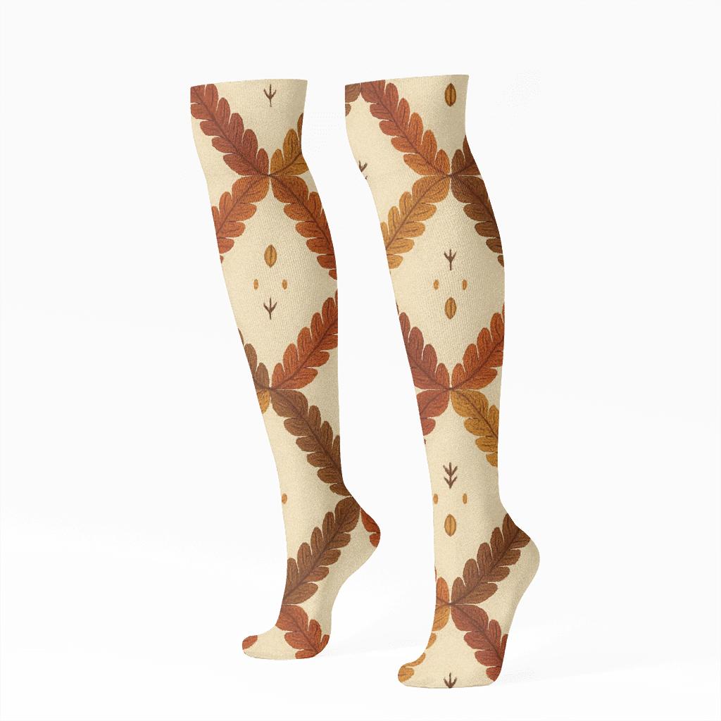 Harvest Garland Grid With Turkey Feathers designer print knee-high socks