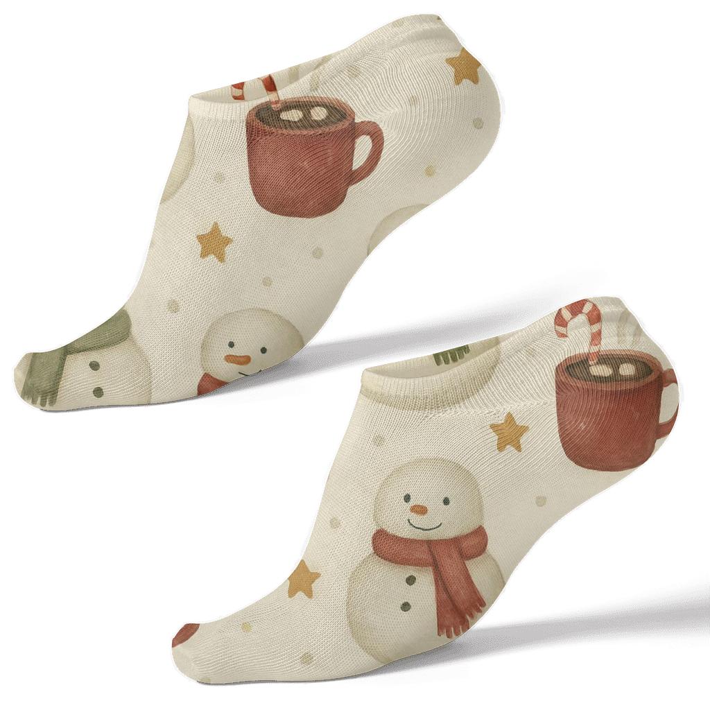 Cozy Snowman And Mug Holiday Scatter On Cream designer print ankle socks