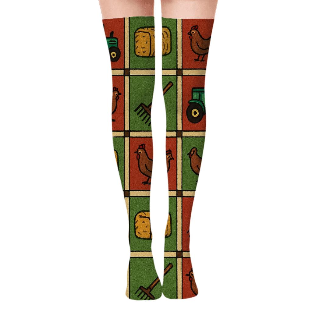 Farmer Patchwork Harvest Grid premium cozy over-the-knee socks