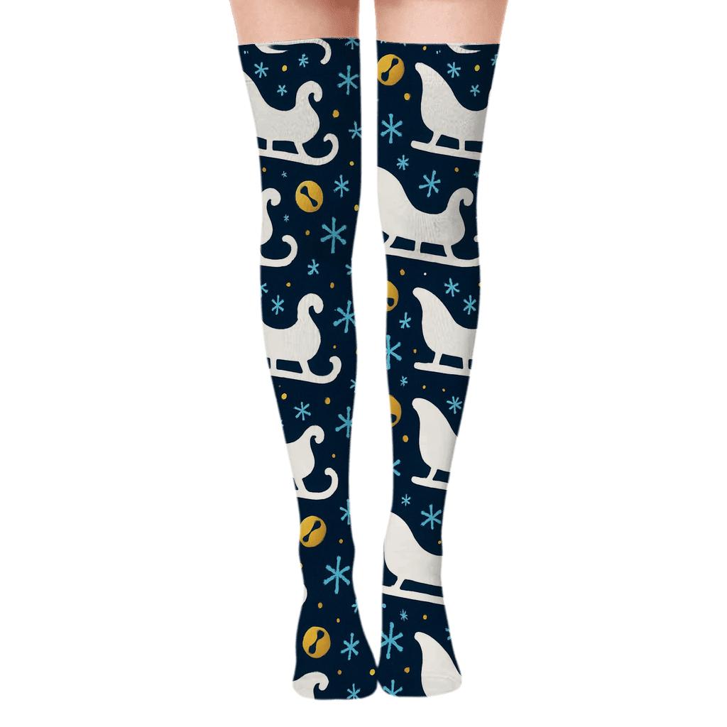 Sleigh Silhouette Snowfall Grid On Midnight Blue comfortable cotton over-the-knee socks