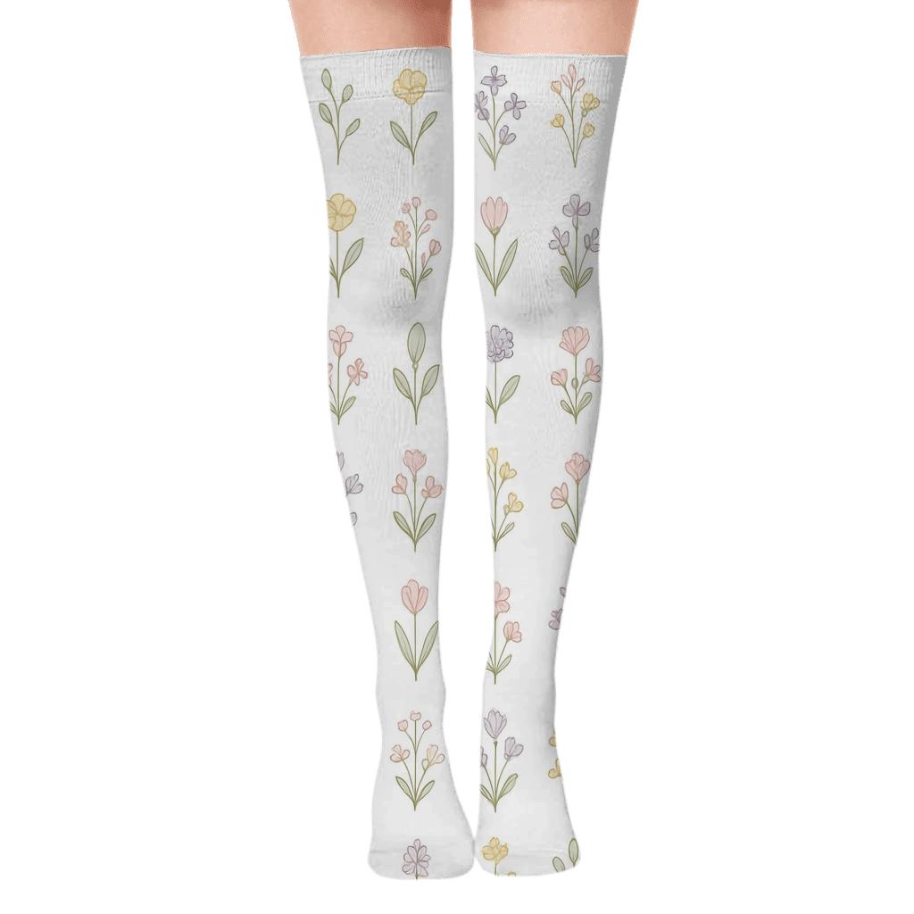 Pastel Wildflower Herbarium Grid premium cozy over-the-knee socks