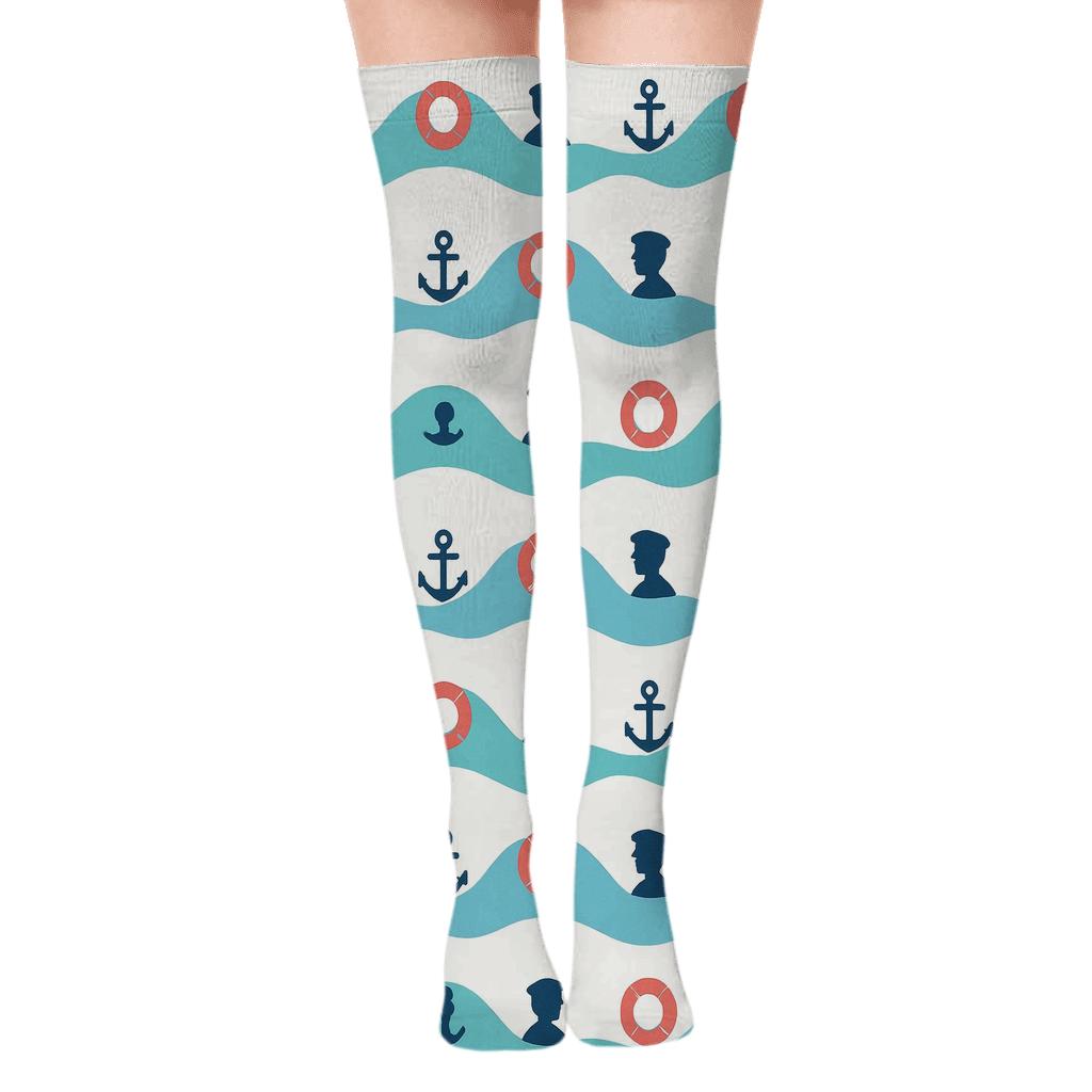 Wave Stripes With Nautical Sailor Icons trendy patterned over-the-knee socks