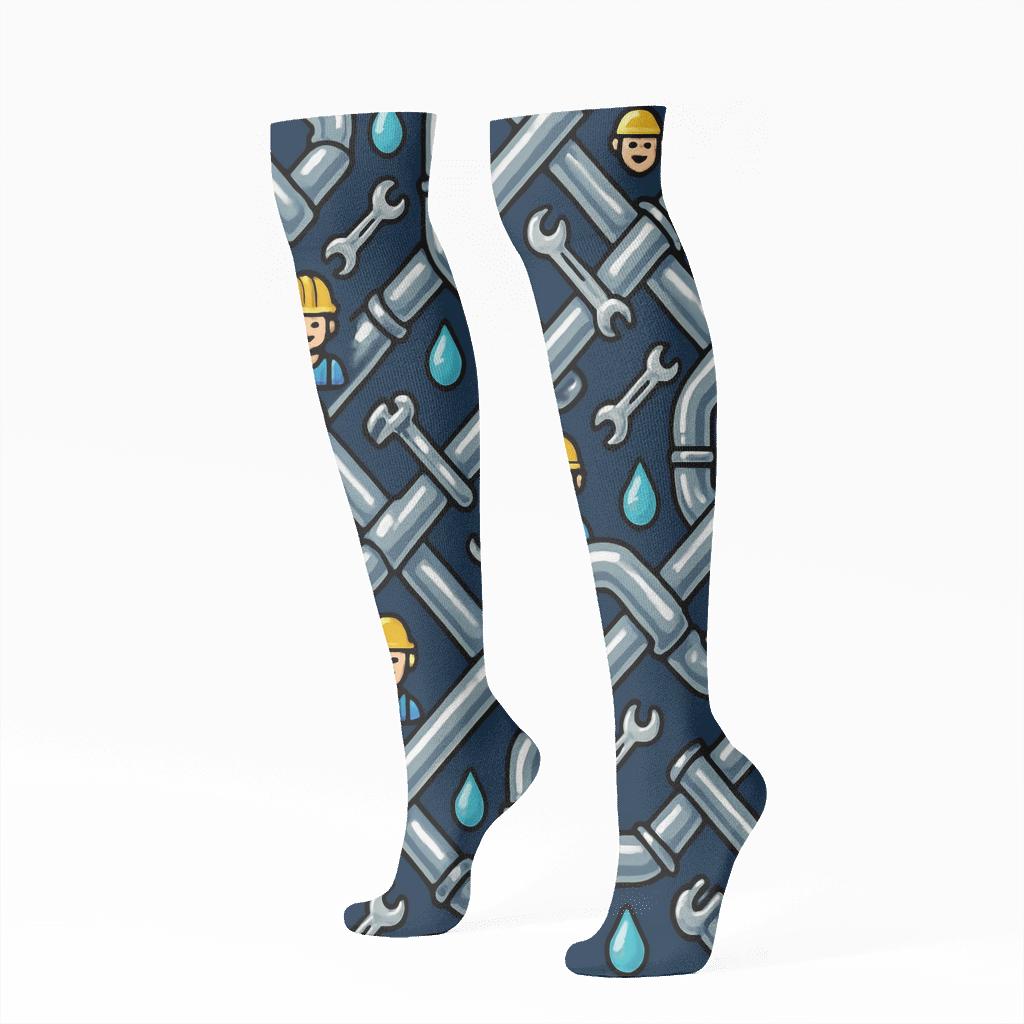 Aqua Pipe Lattice With Plumber Motif premium sports knee-high socks