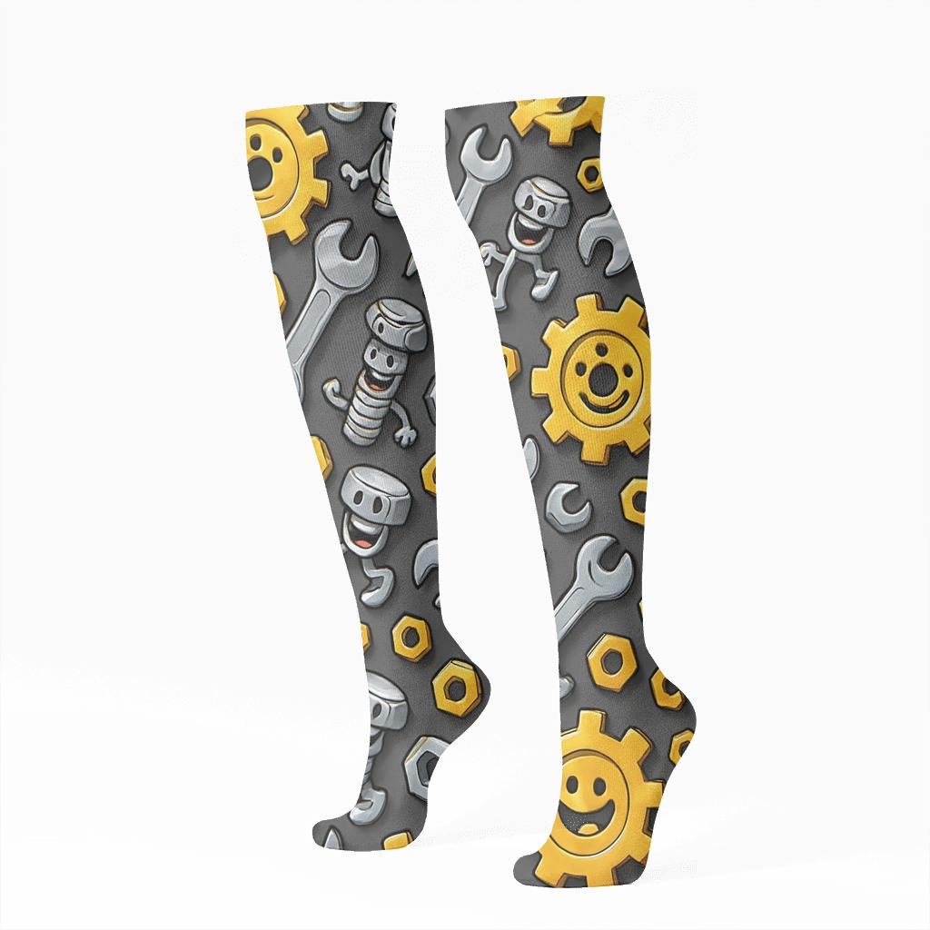 Gleaming Gear Parade With Mechanic Whimsy comfortable cotton knee-high socks