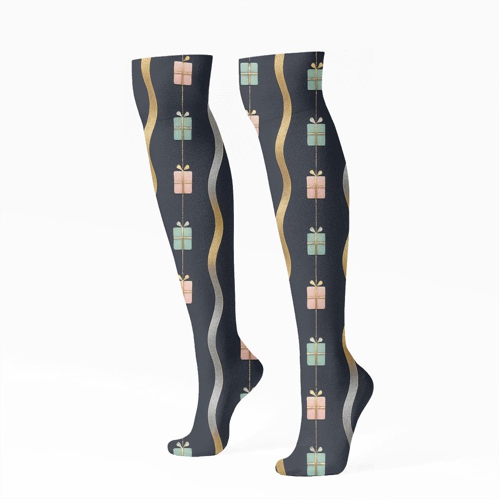 Presents-Patterned Ribbon Cascade On Midnight Ground trendy patterned knee-high socks