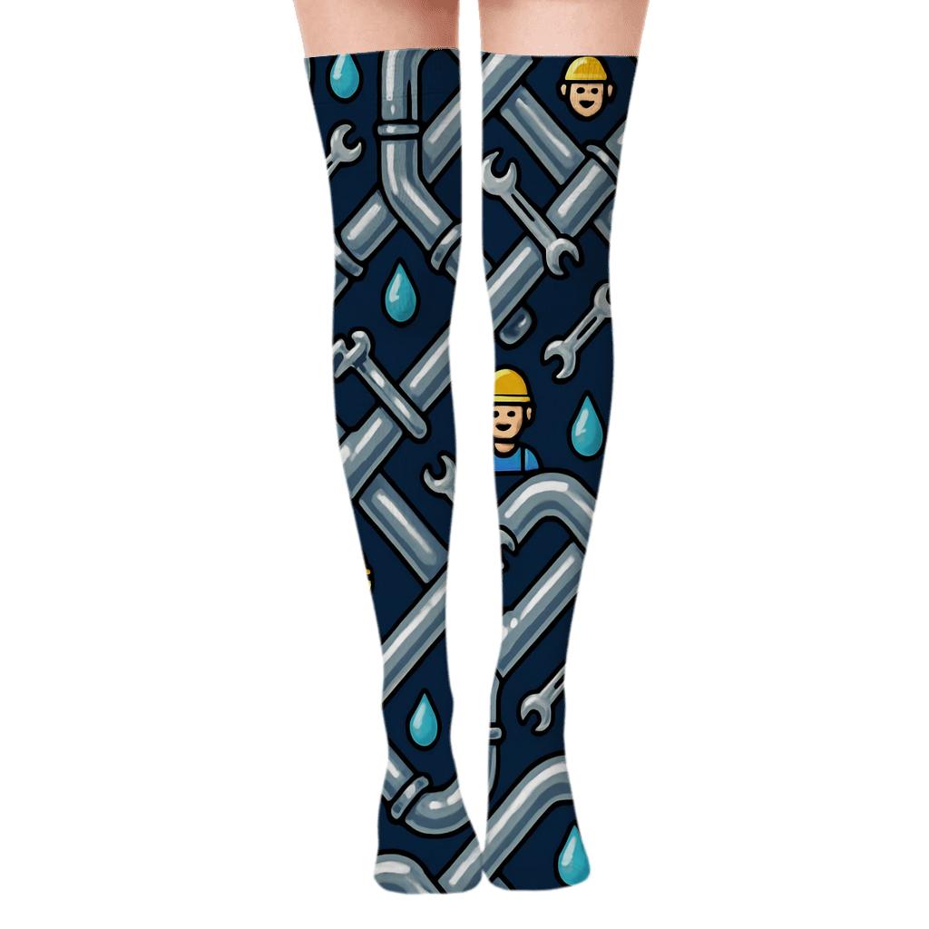 Aqua Pipe Lattice With Plumber Motif personalized over-the-knee socks