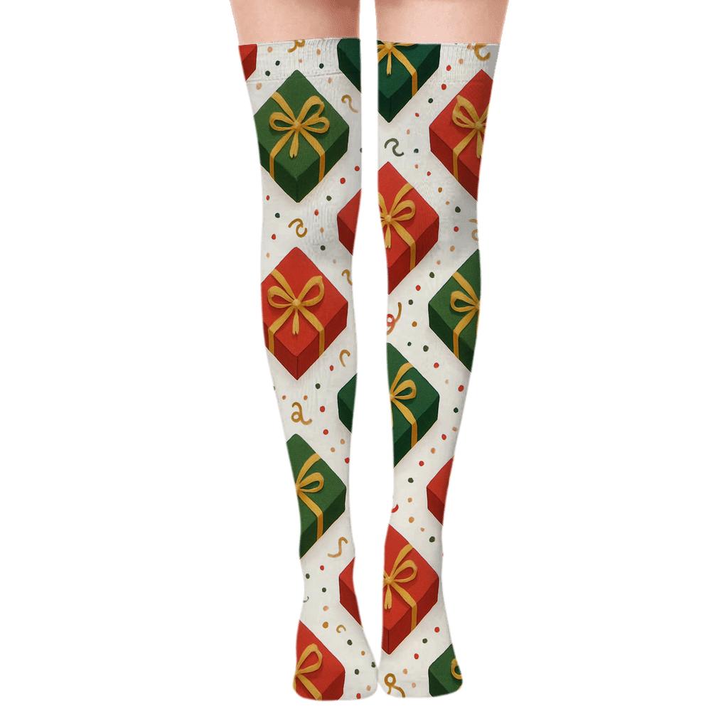 Twinkling Bow Lattice With Presents Motifs comfortable cotton over-the-knee socks