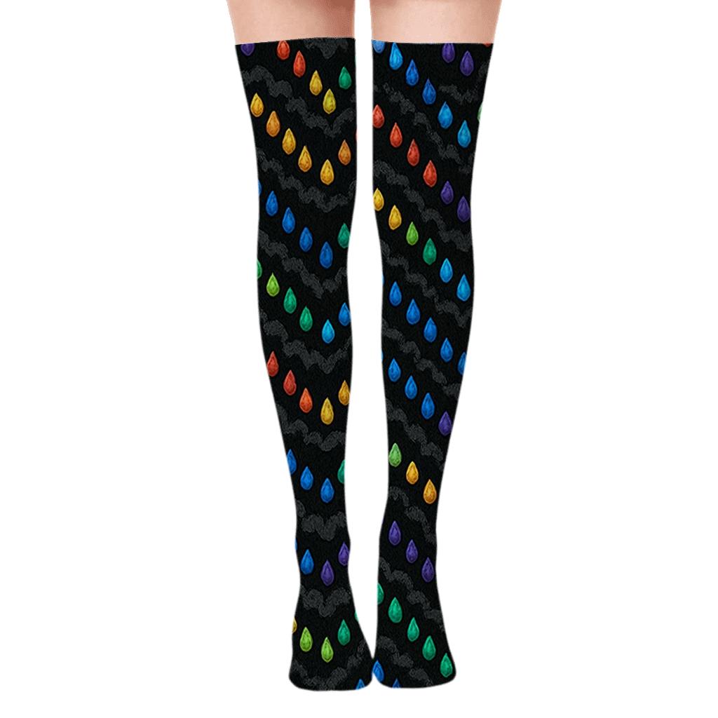 Midnight Rainbow Raindrop Mosaic designer print over-the-knee socks