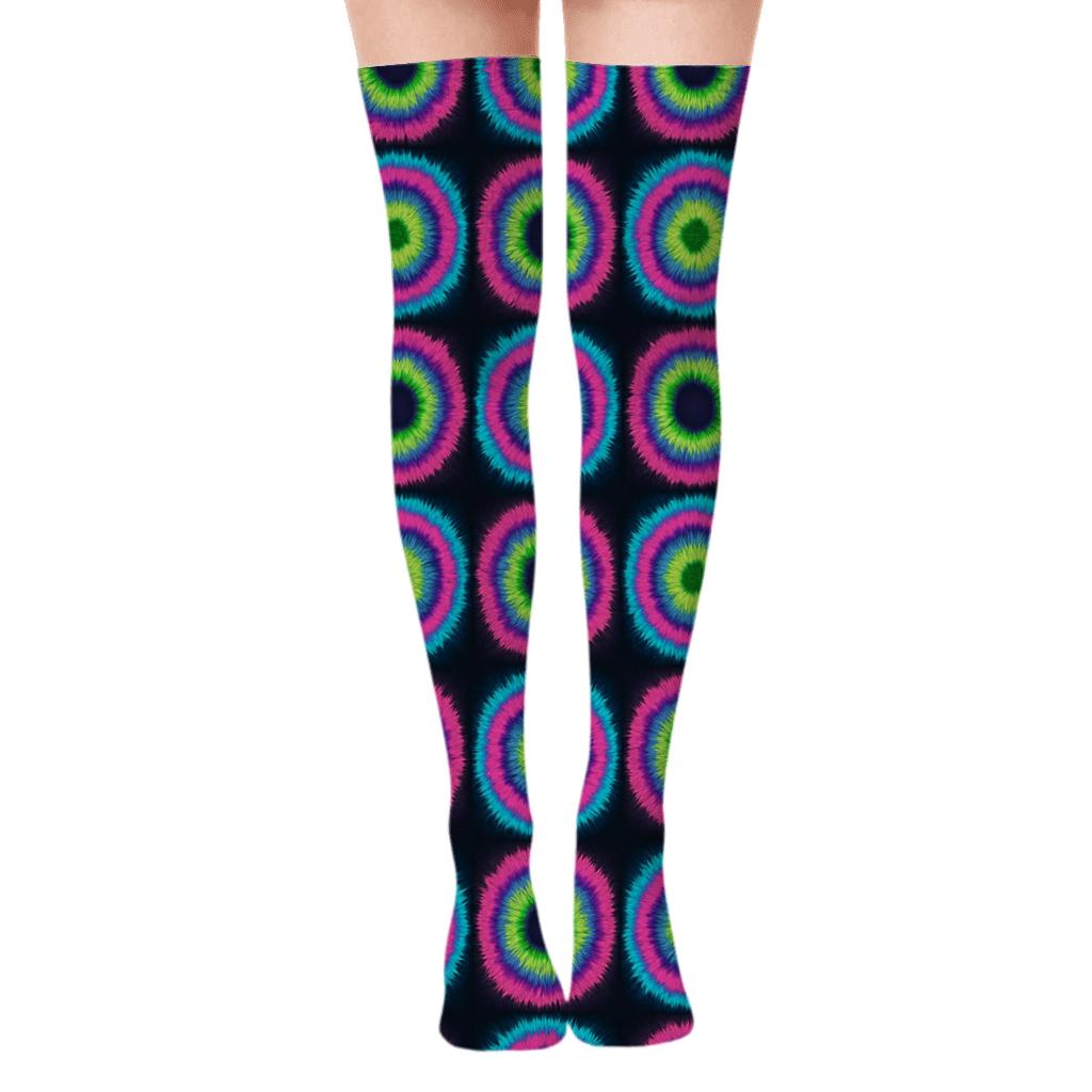 Neon Bullseye Grid On Midnight Black stylish fashion over-the-knee socks