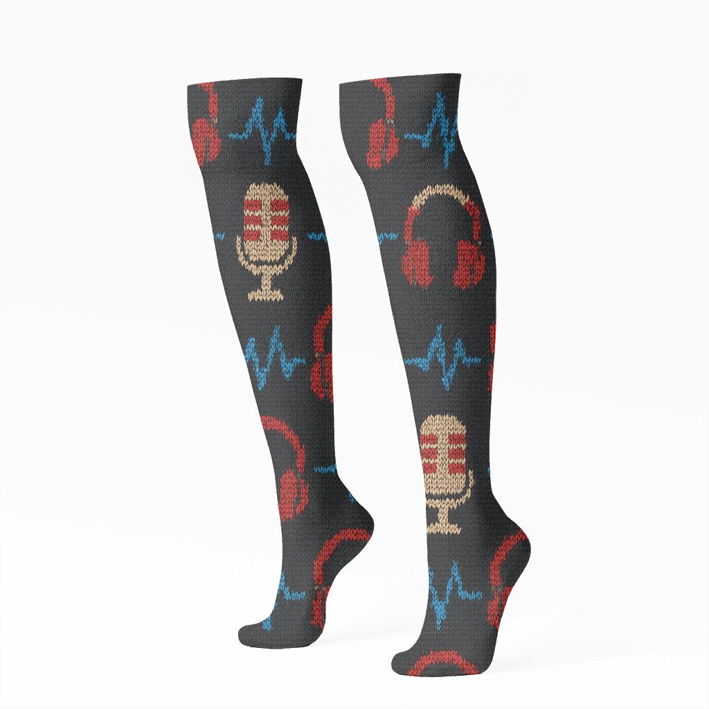 Radio Host Studio Stitch Waves Pattern stylish athletic knee-high socks