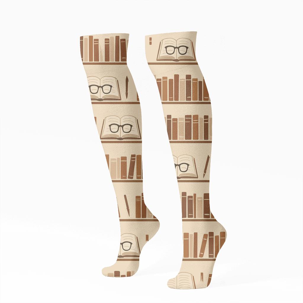Stacked Books In Librarian Study Stripe Design custom knee-high socks