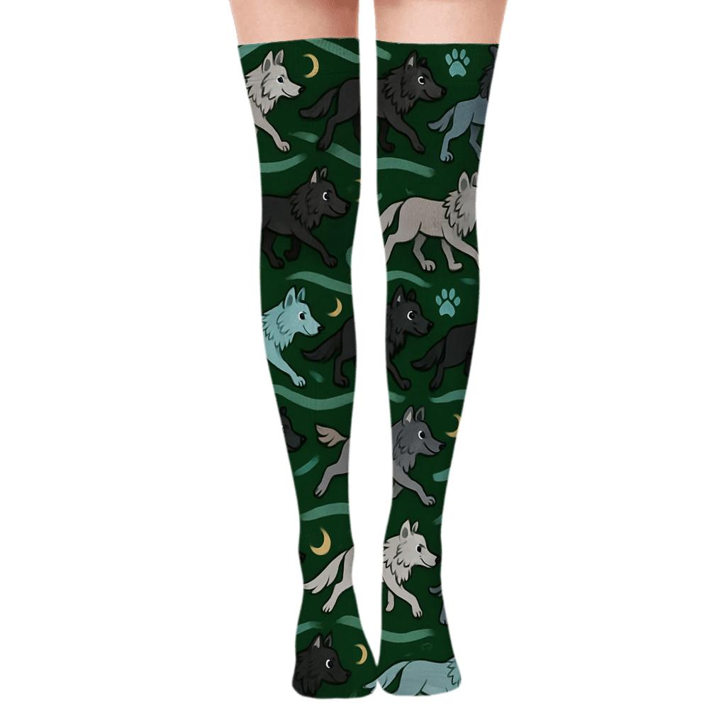 Gray Wolf Moonlit Trail Tessellation unique graphic over-the-knee socks