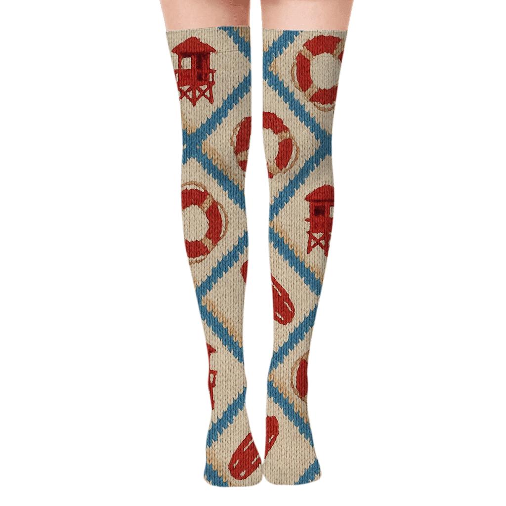 Lifeguard Signal Towers Knitted Pattern Illusion stylish fashion over-the-knee socks