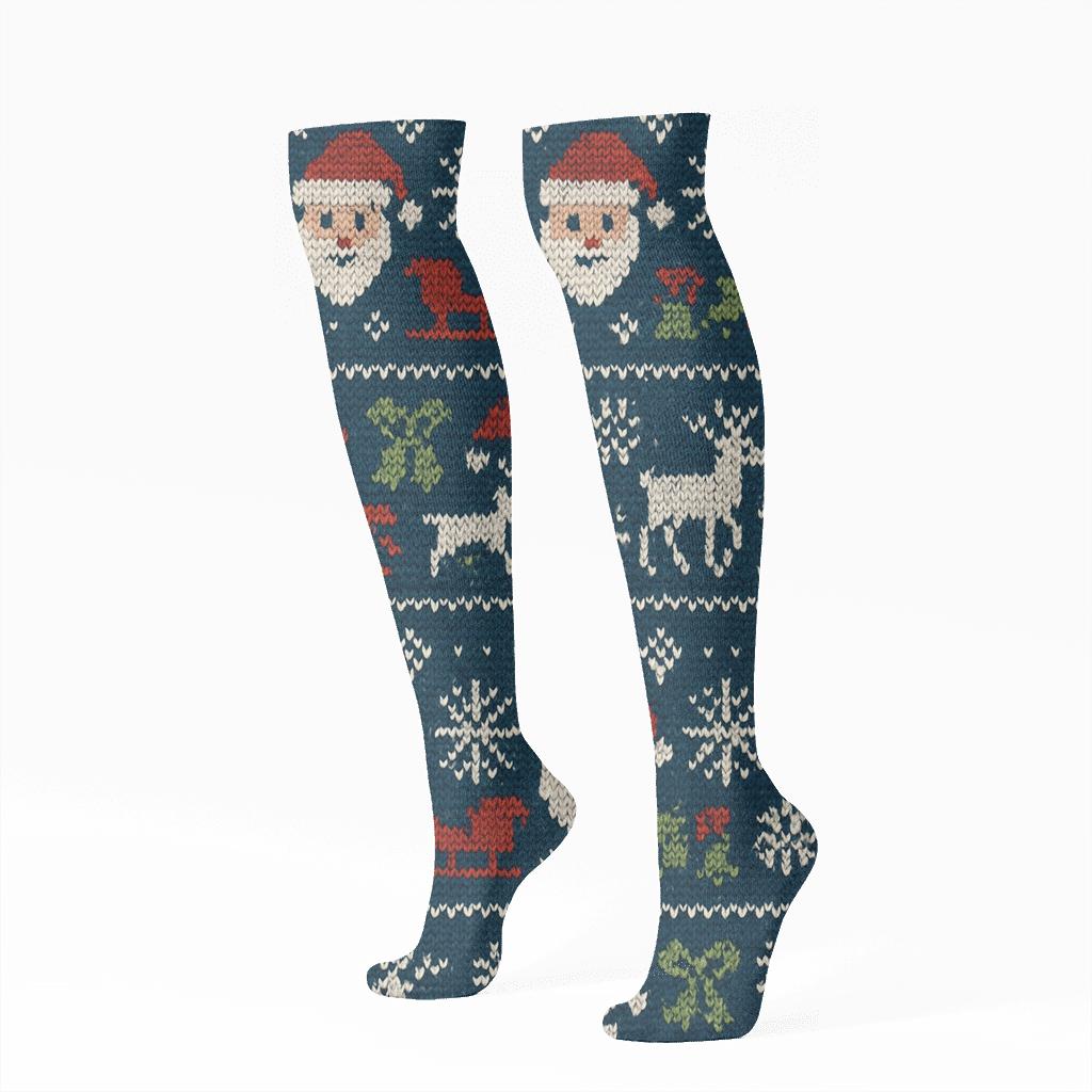 Santa Claus Nordic Knitted Night Sky Pattern unique graphic knee-high socks