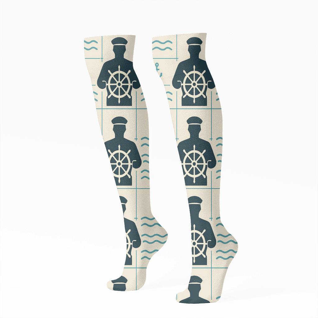 Wave Grid With Ship Captain Silhouettes personalized knee-high socks