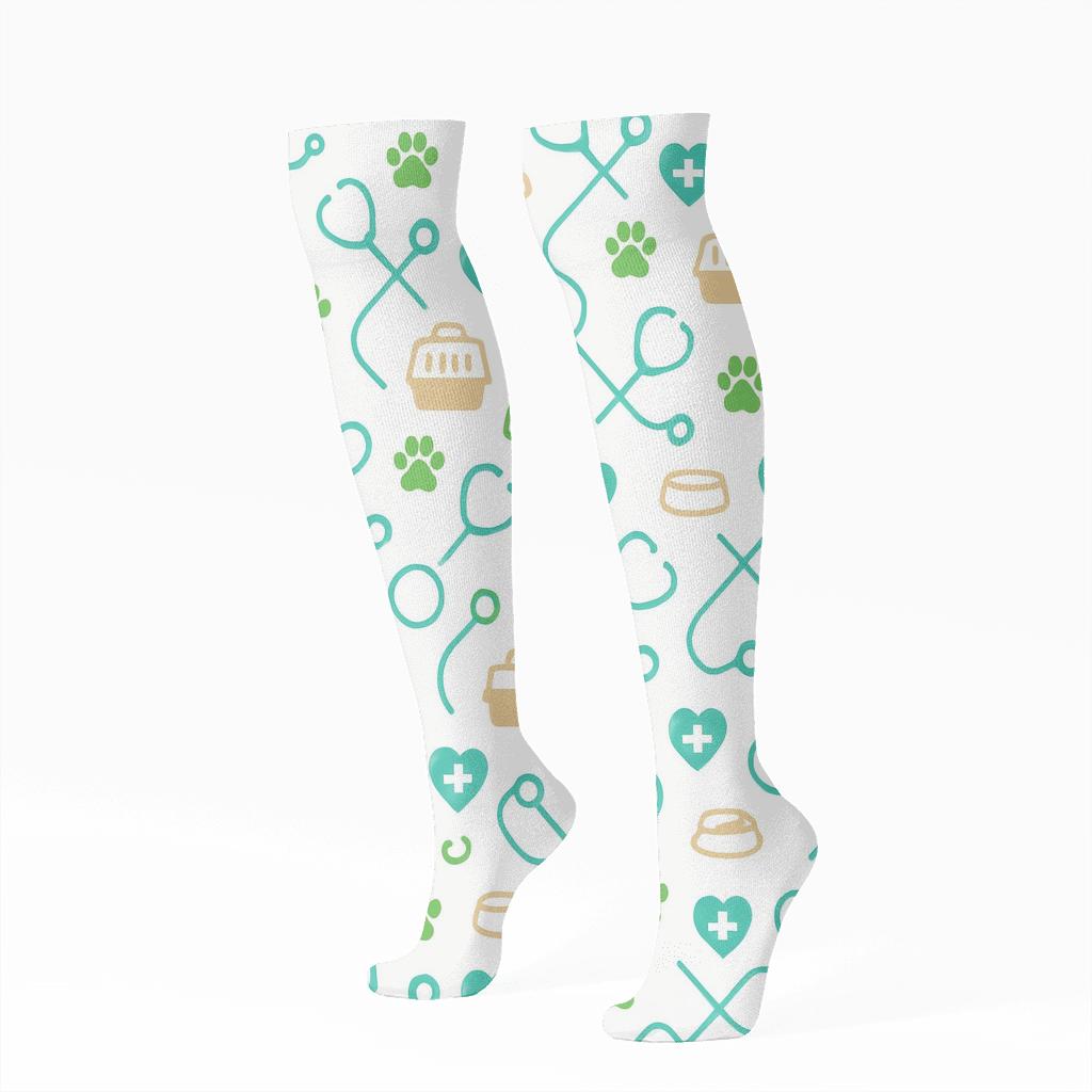 Clinic Star Trail Paw Lattice With Veterinarian Symbols comfortable cotton knee-high socks