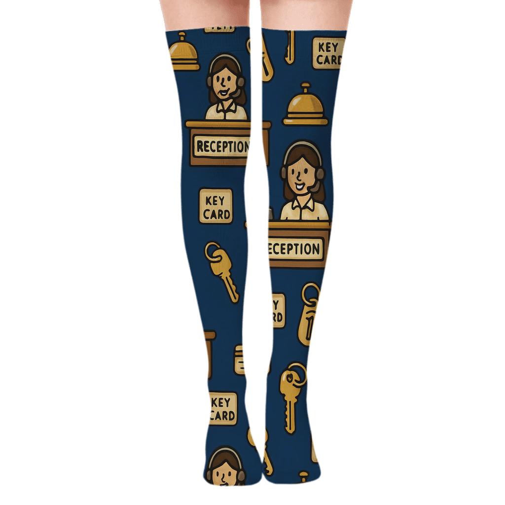 Lobby Keys Grid With Hotel Receptionist Harmony designer print over-the-knee socks