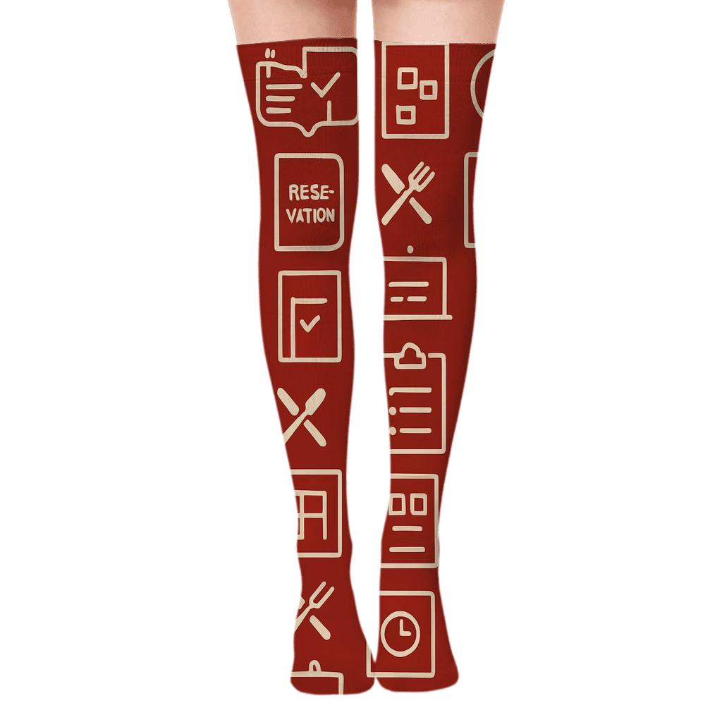 Restaurant Manager Service Icons Grid On Warm Dining Red custom over-the-knee socks