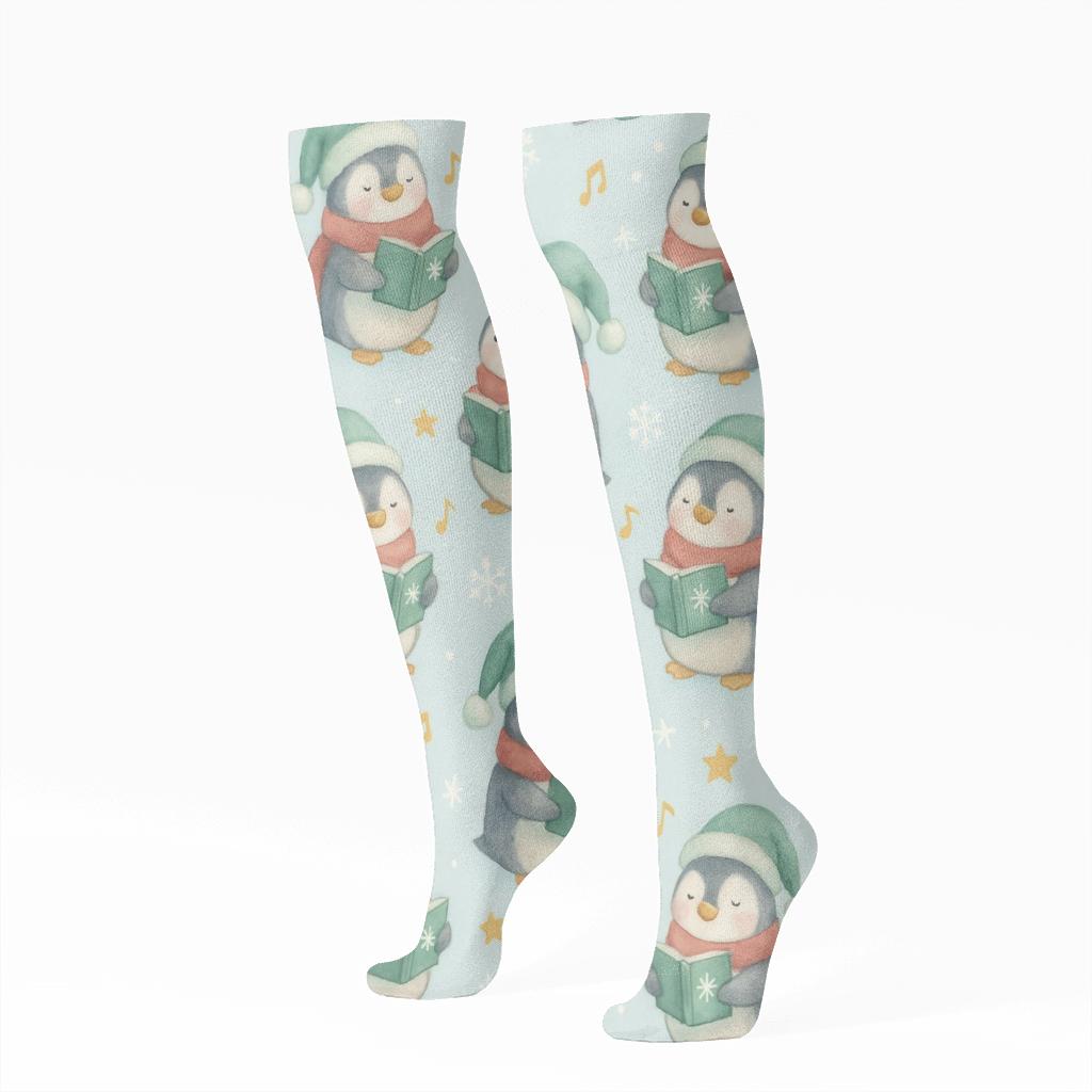 Penguin Caroler Snowflake Scatter premium sports knee-high socks