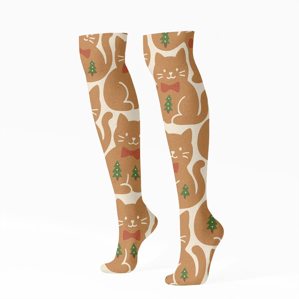 Gingerbread Cat Cookie Tessellation unique graphic knee-high socks