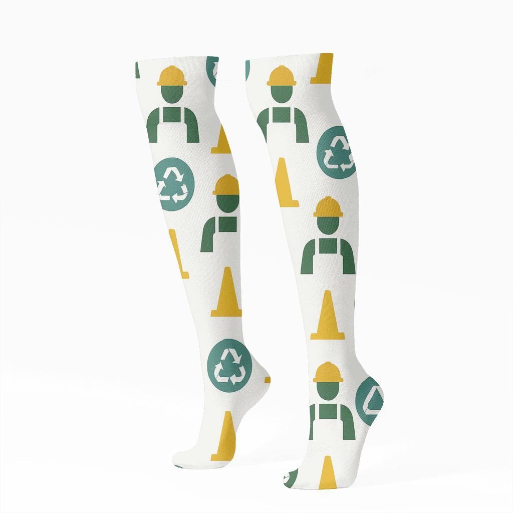 Safety Cone Grid With Recycling Plant Worker designer print knee-high socks
