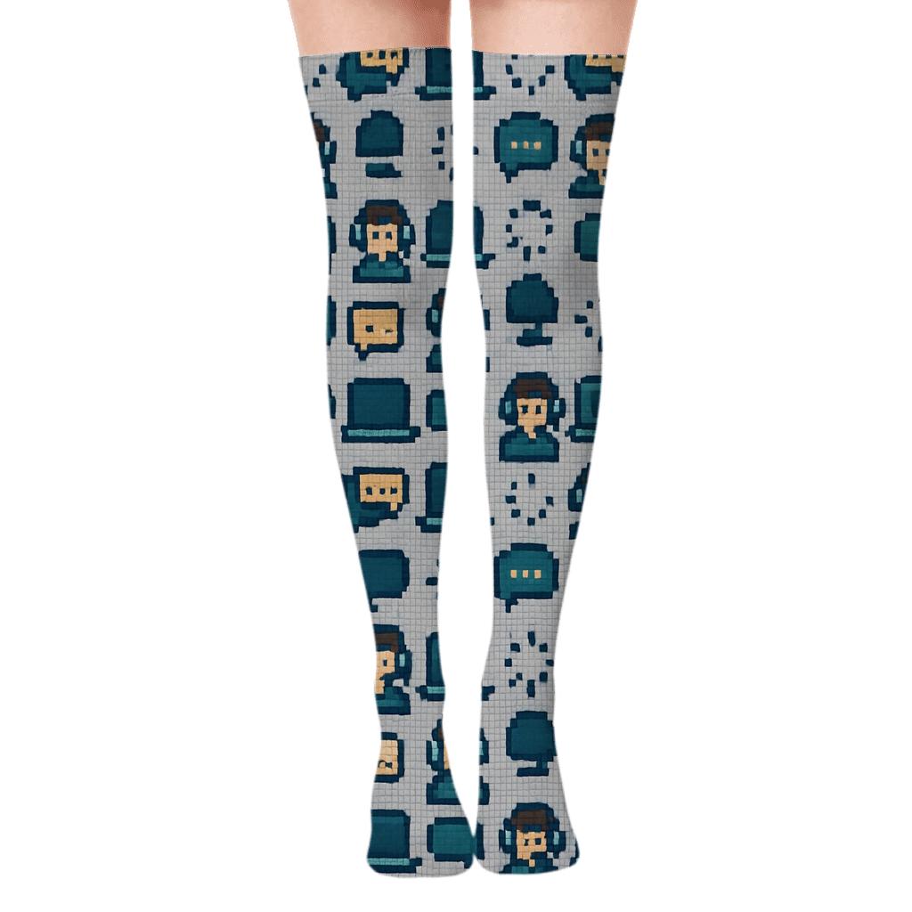 Pixel Grid Network With It Support Specialist Motifs stylish fashion over-the-knee socks