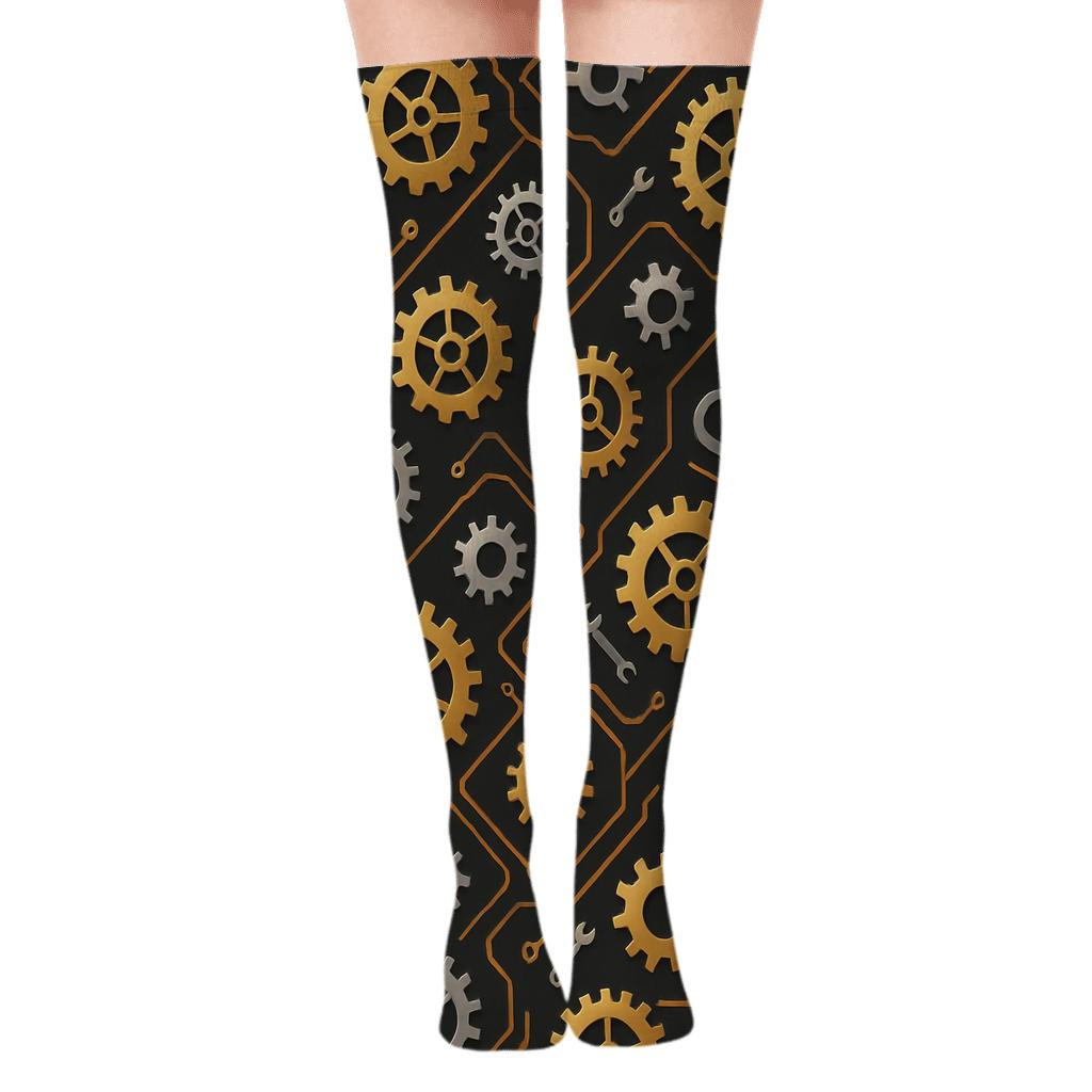 Gear Circuit Weave With Mechanical Engineer Icons premium cozy over-the-knee socks