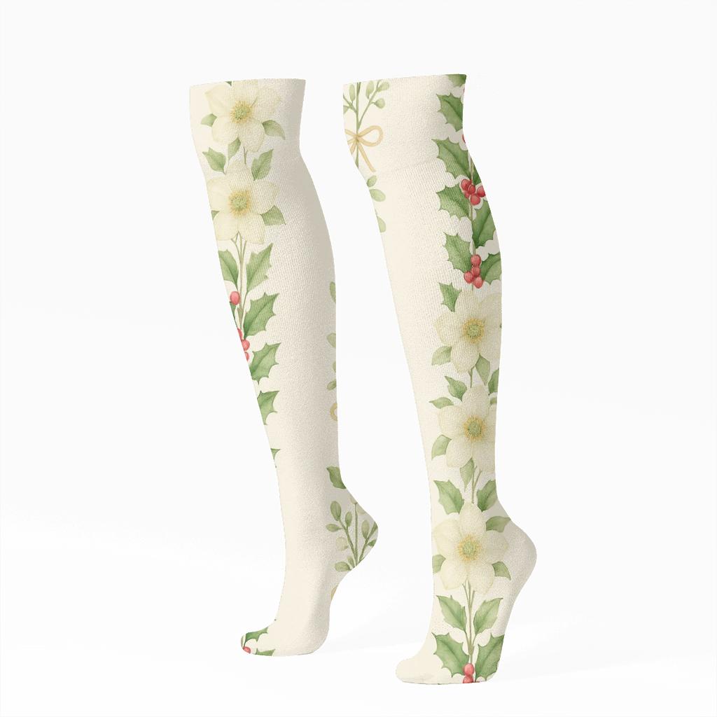 Evergreen Holly Garland Stripe soft everyday knee-high socks
