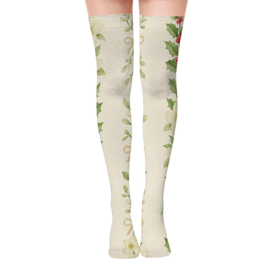 Evergreen Holly Garland Stripe designer print over-the-knee socks