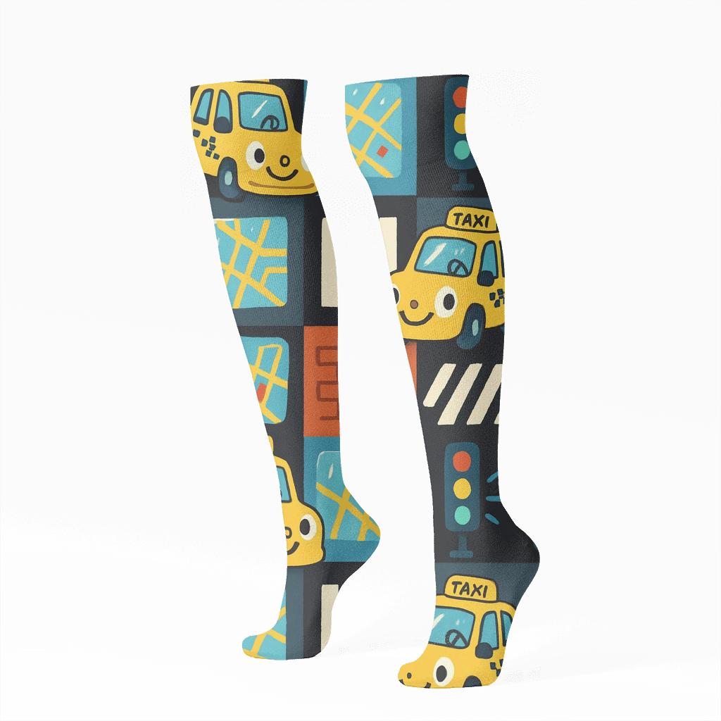 Taxi Driver City Checkboard Parade Pattern unique graphic knee-high socks